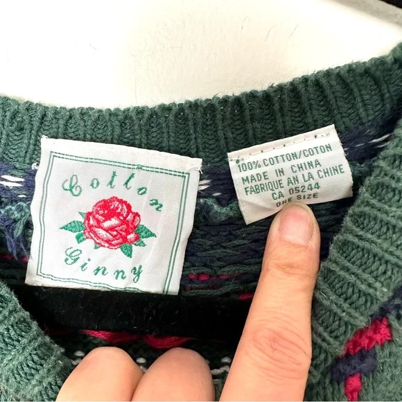 Vintage Cottagecore Cotton Ginny Cotton Forest Green Fair Isle Cozycore Sweater - Picture 5 of 9